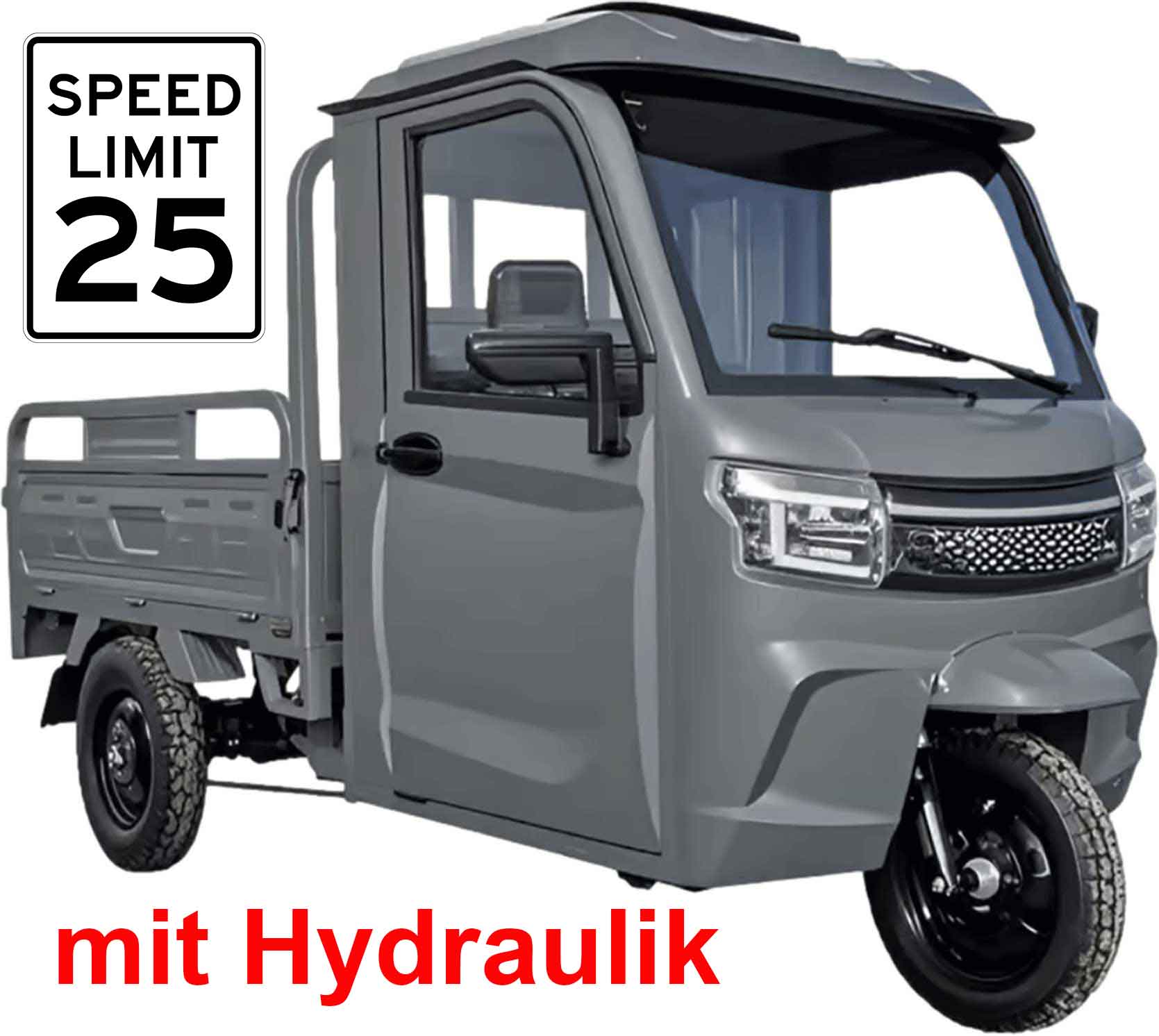 RocknBikes Cargo KH1 Elektro-Dreirad mit Kippmulde und Kabine Seite Vorne Rechts 25km/h Mofa Grau Grey