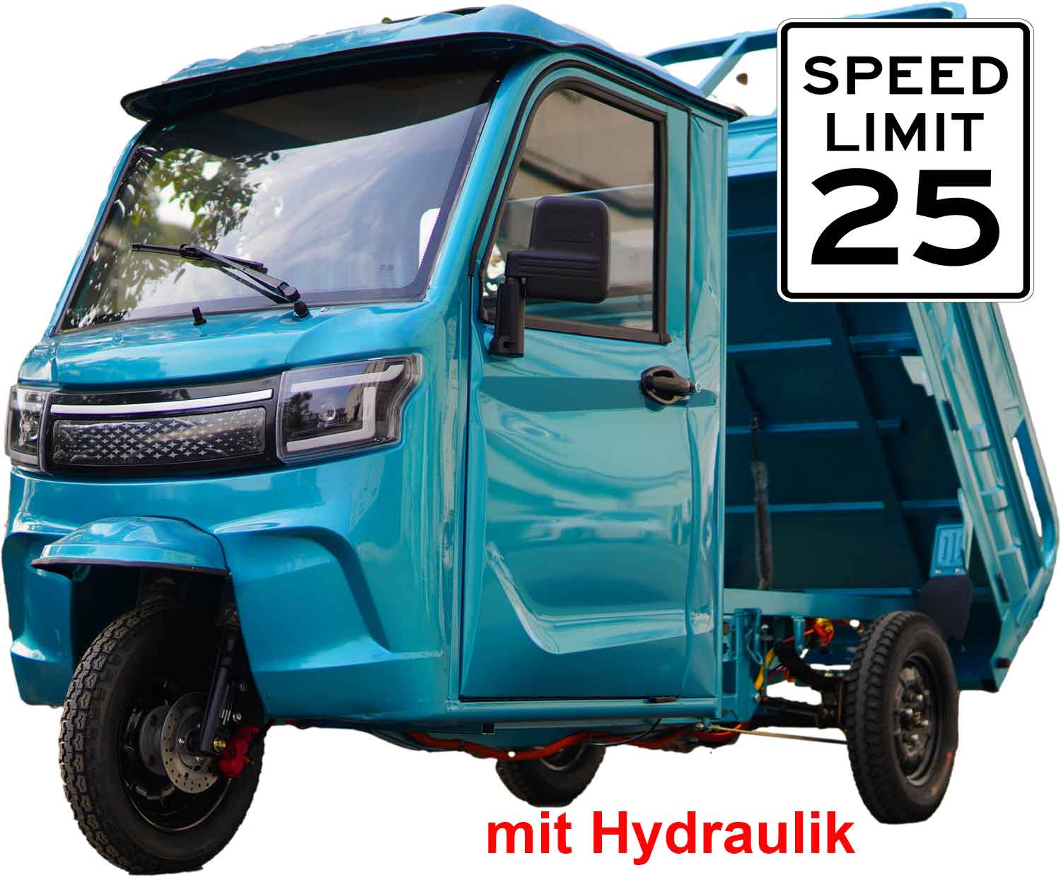 RocknBikes Cargo KH1 Elektro-Dreirad mit hydraulischer Kippmulde und Kabine  Seite Links vorne 25km/h Mofa Blau-Grün Türkis