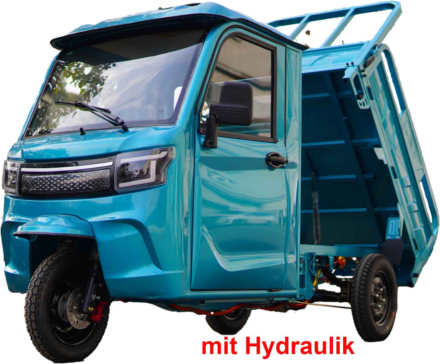 RocknBikes Cargo KH1 Elektro-Dreirad mit Kippmulde und Kabine  Seite Links vorne 45km/h Blau-Grün Türkis